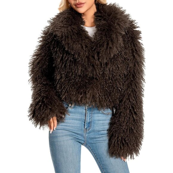 Faux Fur Coat for Women Coffee Plus Size Cropped Fluffy Fall Jacket - Picture 1 of 4